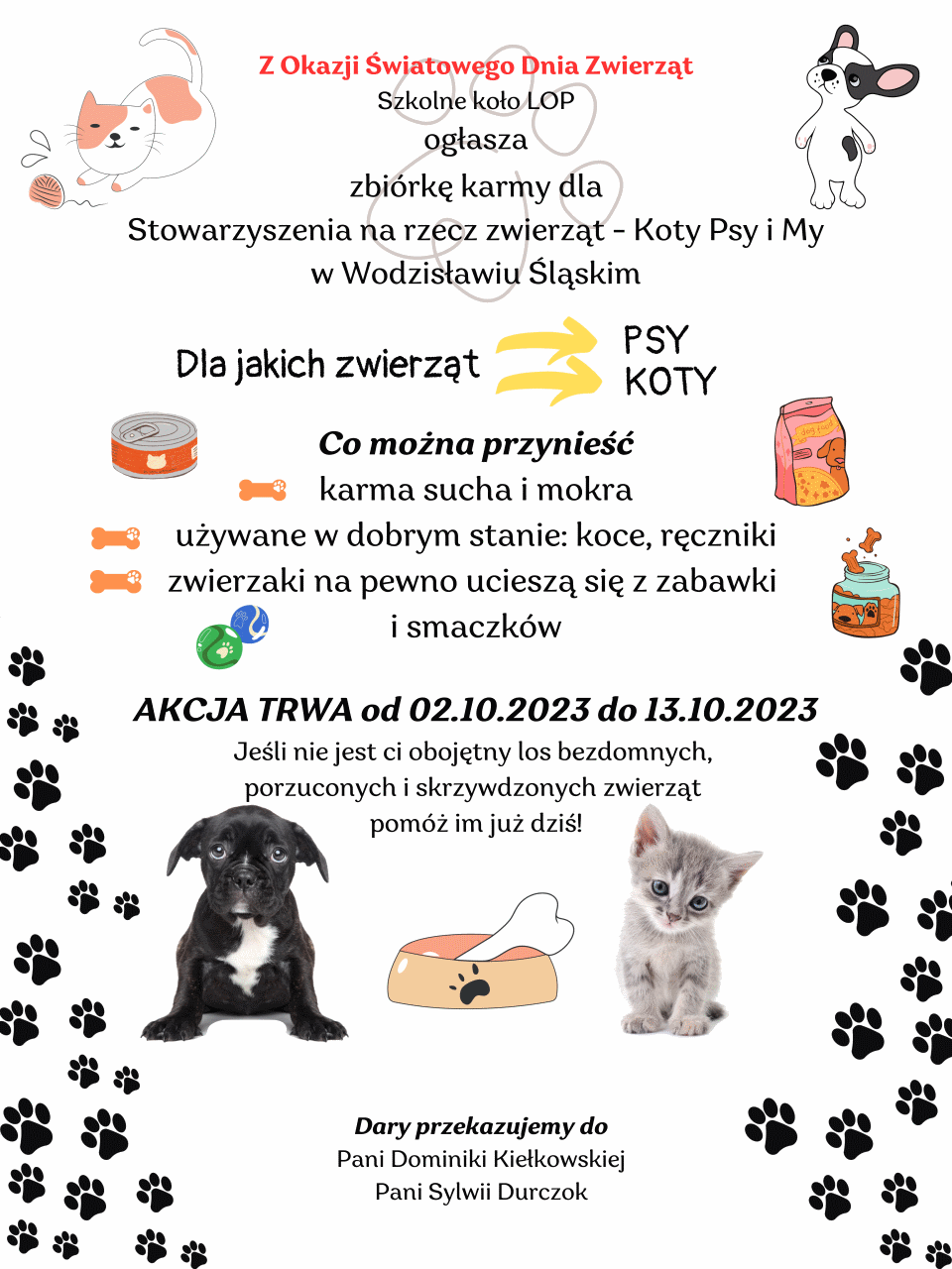 Plakat z informacją o zbiórce karmy dla ziwerząt